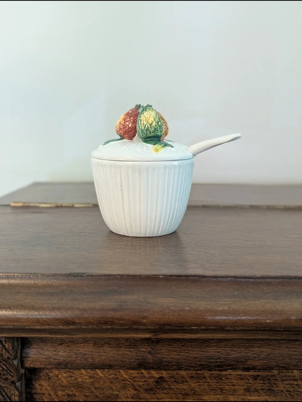 Italian Ceramic Ribbed Condiment Jar with Spoon